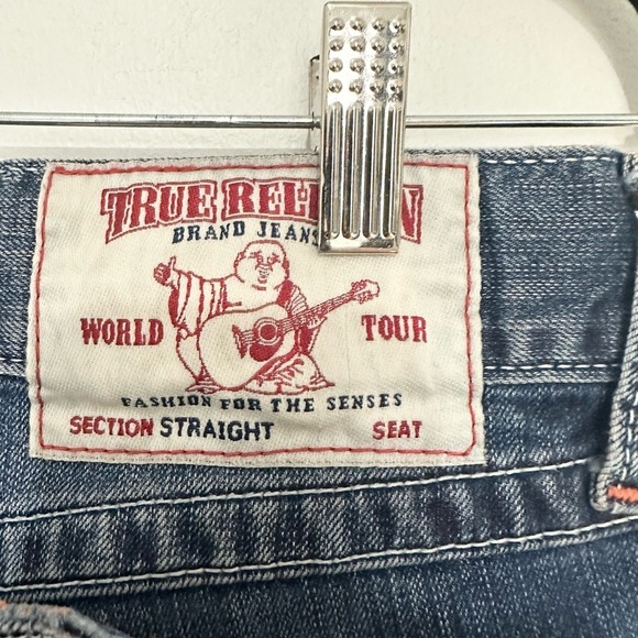 True Religion Men's 32 Orange & White Stitch Blue Straight Flap Horseshoe - Picture 4 of 4